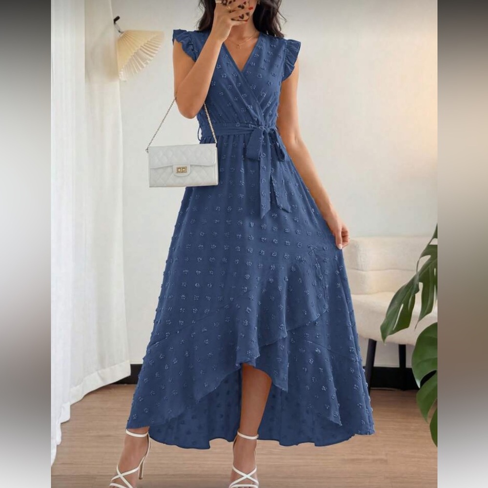 Elegant Blue High-Low Midi Dress with Tie Waist